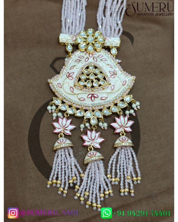 KUNDAN LONG SET WITH PINK CRYSTAL. - Image 3